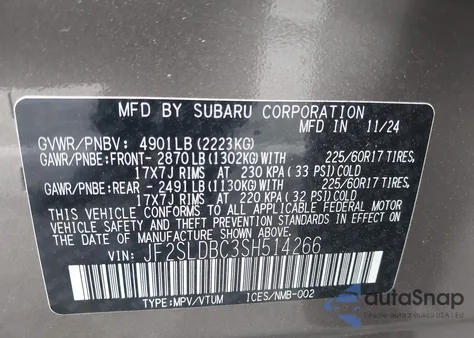 2025 Subaru Forester Premium из США, поврежденный, VIN JF2SLDBC3SH514266